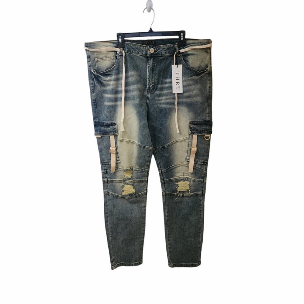 THRT Men's Varsity Denim Cargo Jeans Light Wash Size 44 Distressed Whiskered NWT